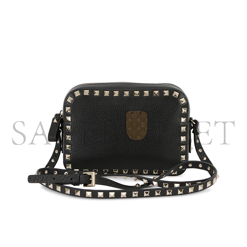 VALENTINO GARAVANI PEBBLED CALFSKIN ROCKSTUD CAMERA CROSSBODY BAG BLACK 168173 (18*13*8cm)